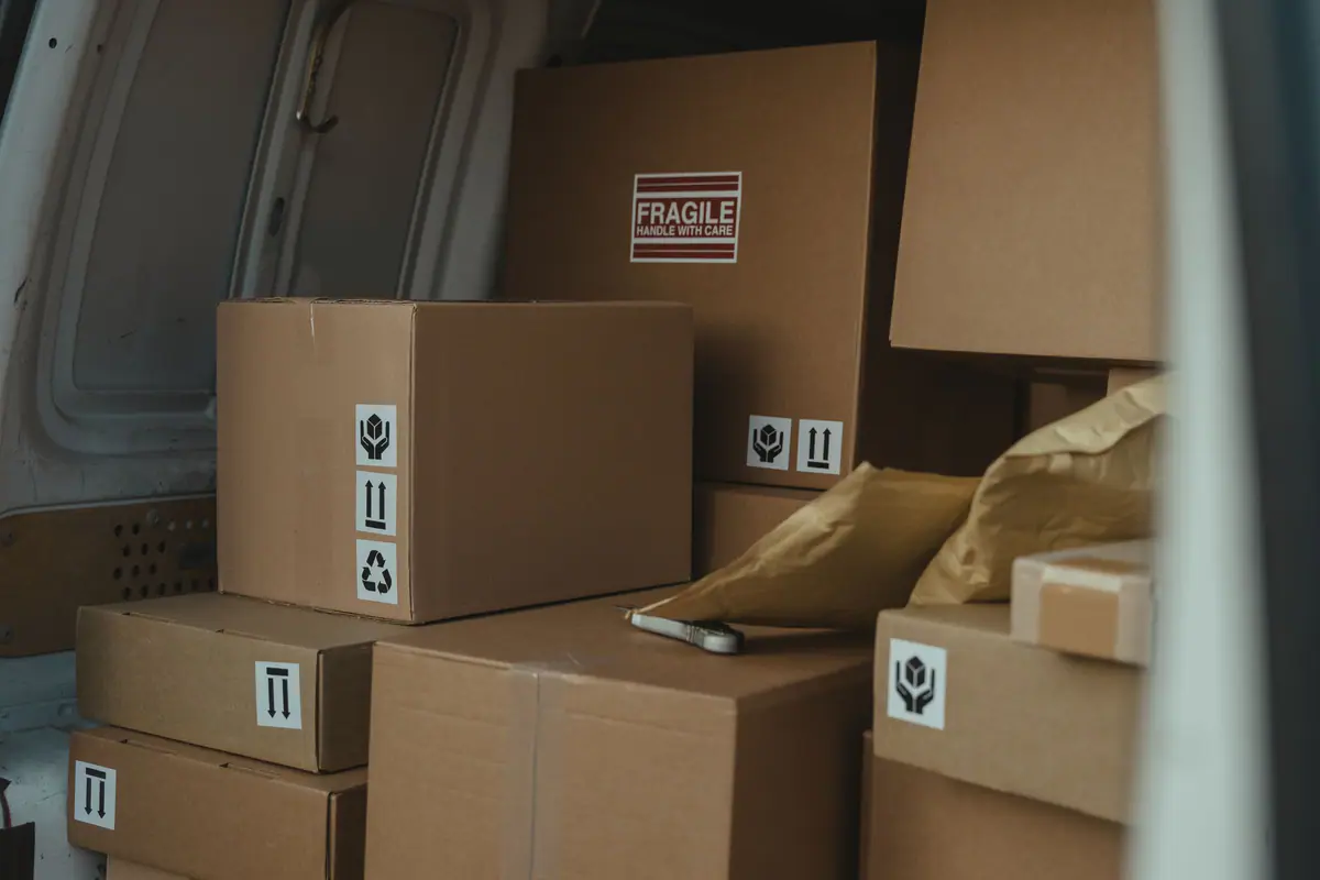Boxes loaded neatly inside a delivery van